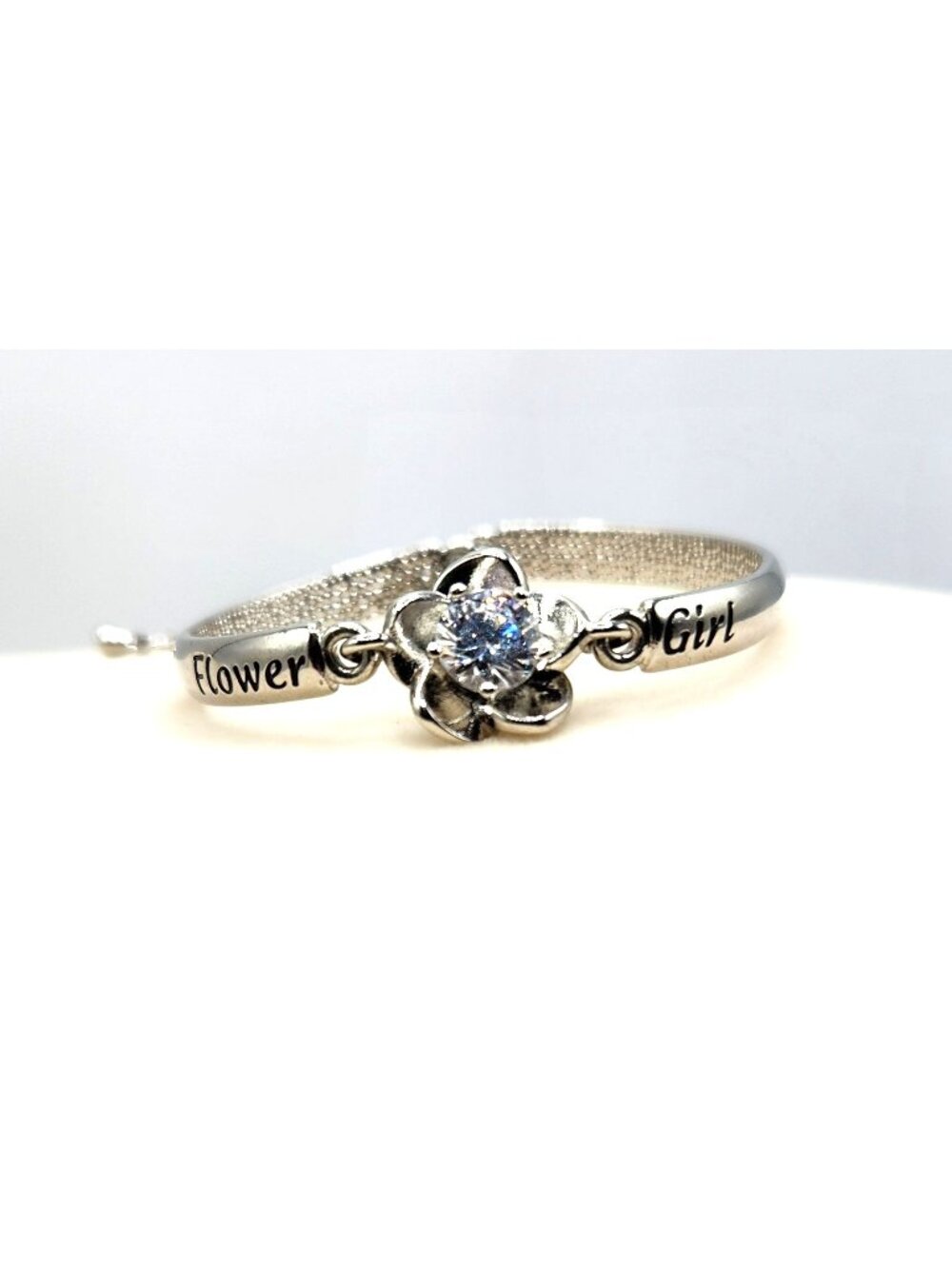 Silver Tone Child's Flower Girl Bracelet With Crystal Center Stone - Adjustable